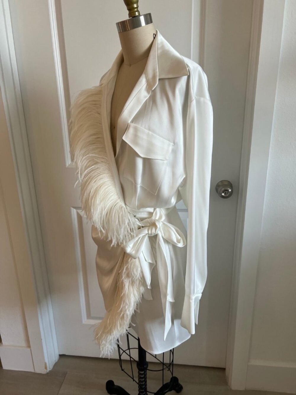 David Koma White Satin Ostrich Feather Trim Wrap Shirt Dress NWT 8